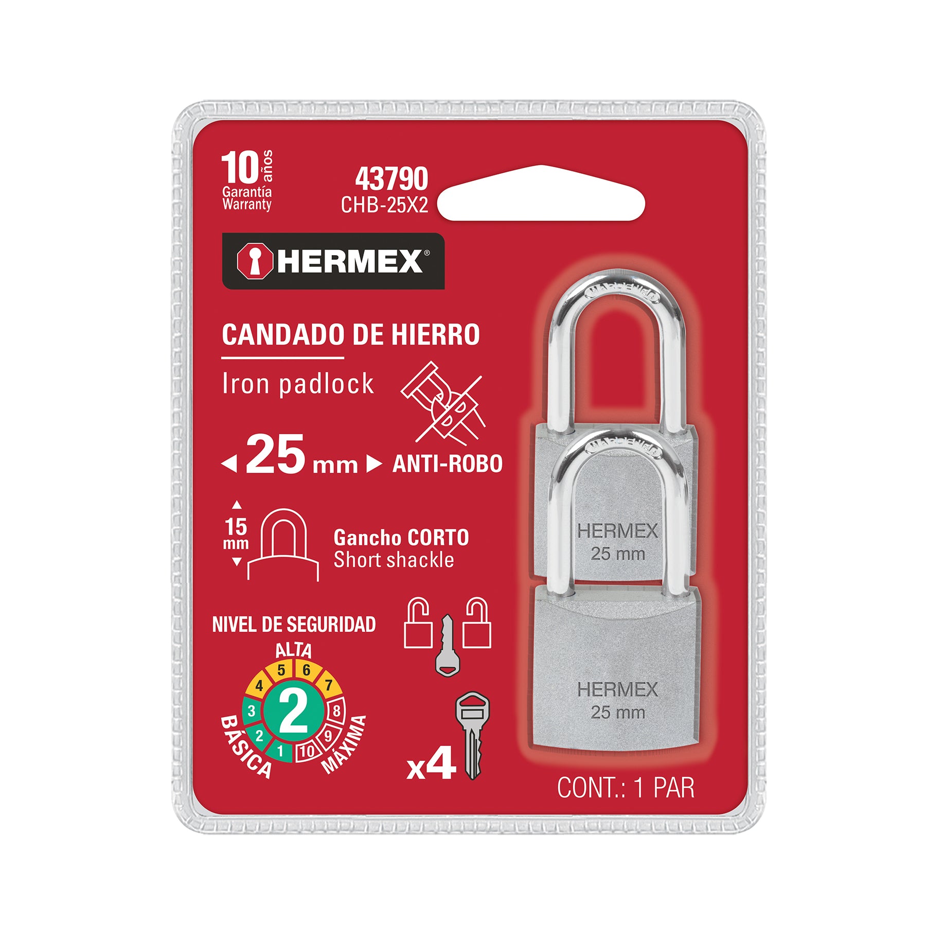HERMEX Candados Hierro de Gancho Corto 2 Piezas