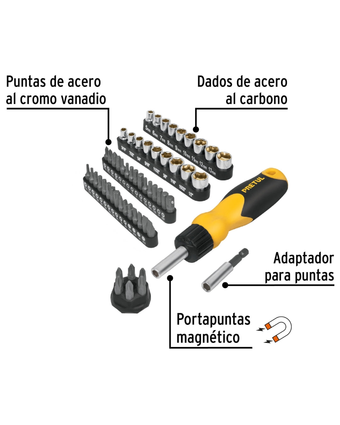 Desarmador Tipo Matraca con 35 Puntas y 18 Dados PRETUL