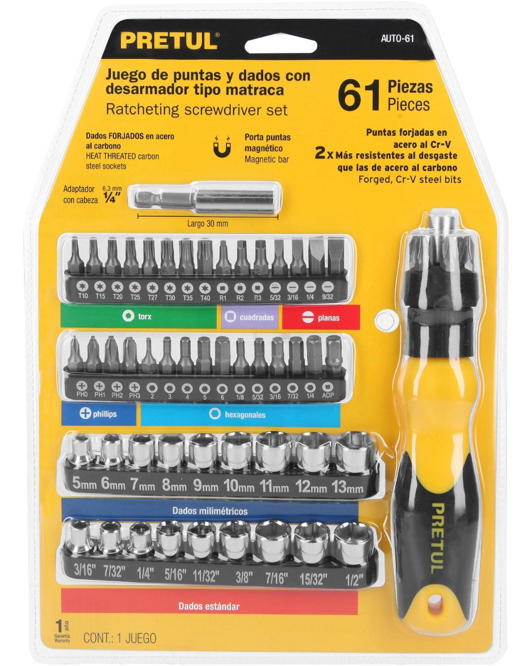 Desarmador Tipo Matraca con 35 Puntas y 18 Dados PRETUL